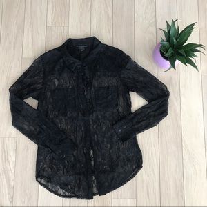 GUESS | Sheer black lace button-up blouse